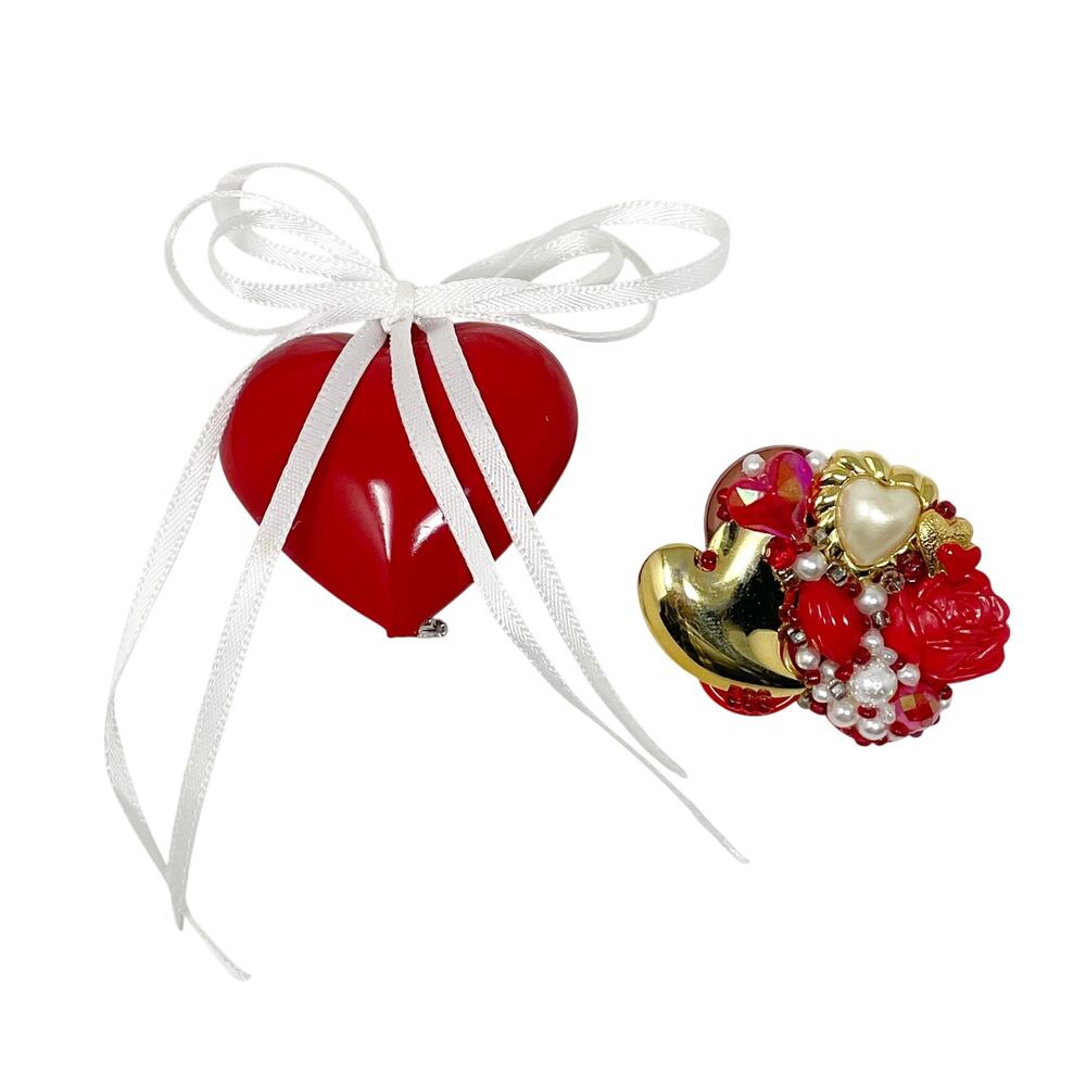 Vintage Valentines Day Pins Brooch Lot of 2 Red Puffy Heart Plastic Ribbon Tote